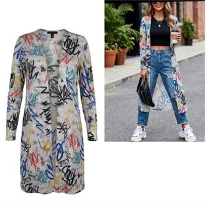 Love J Graffiti Print Mesh Sheer Longline Duster Cardigan. Size S